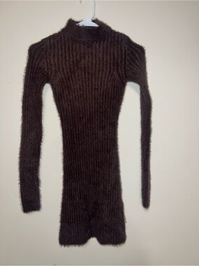 Carli Bybel X Missguided Brown Fuzzy Ribbed Long Sleeve Mock Neck Dress